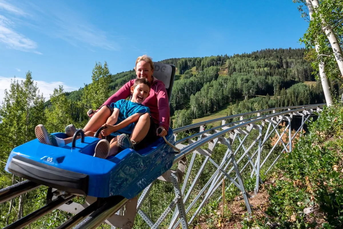 The mountain coaster track winding through pines at Ruidoso Winter Park