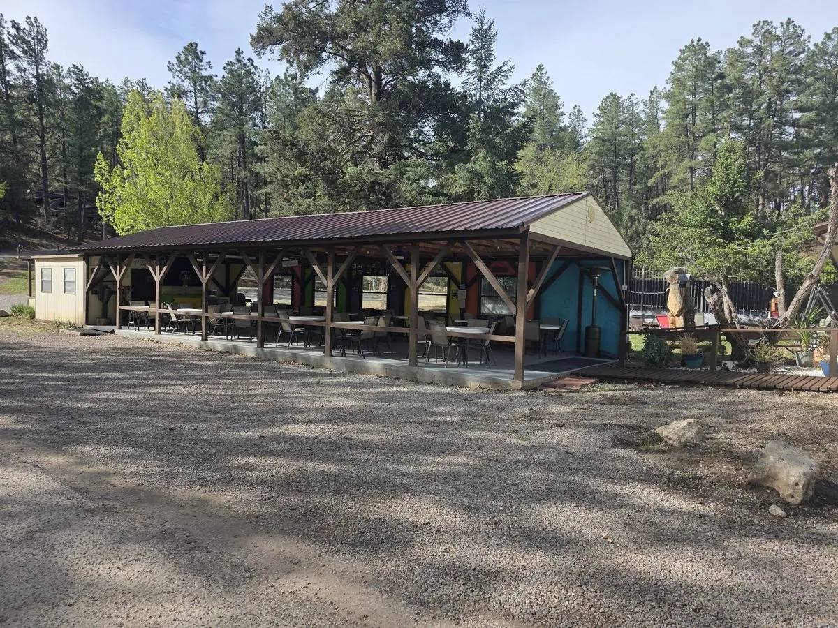 The covered pavilion with picnic tables under the pines