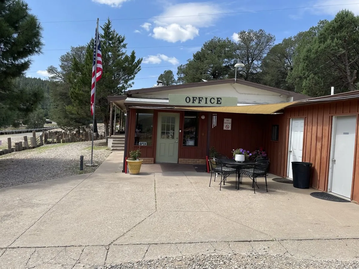 The park office with its flag and covered entry
