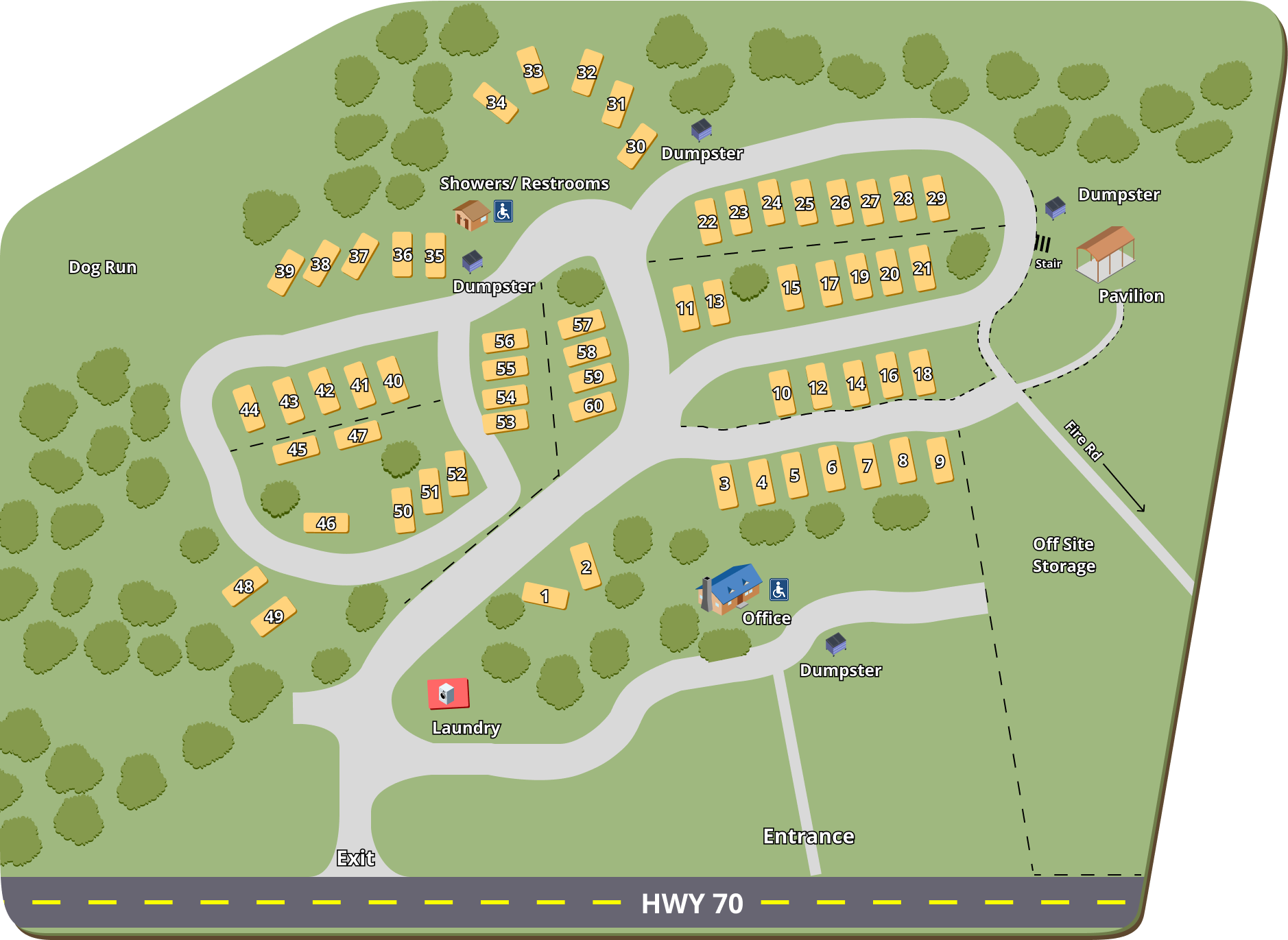 Resort map showing the six terraced levels and site layout of RV Resorts of Ruidoso