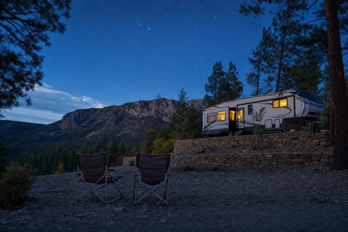 A lit fifth wheel on a stone terrace under a starry Sacramento Mountain sky